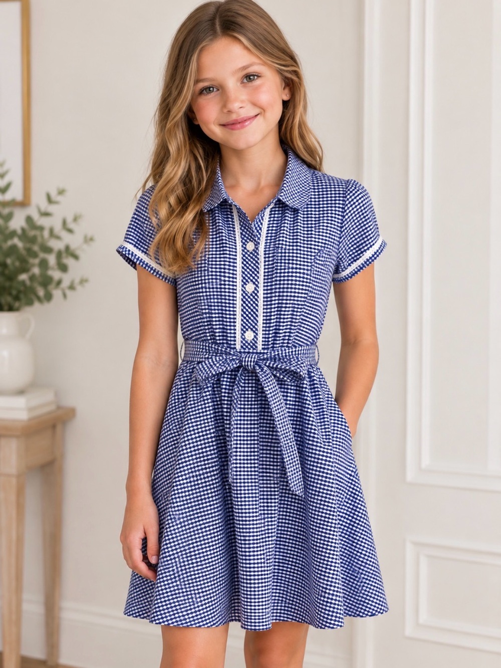 NWOT Classic Navy Gingham Shirt Dress with Tie Belt - Kids Sz9Y